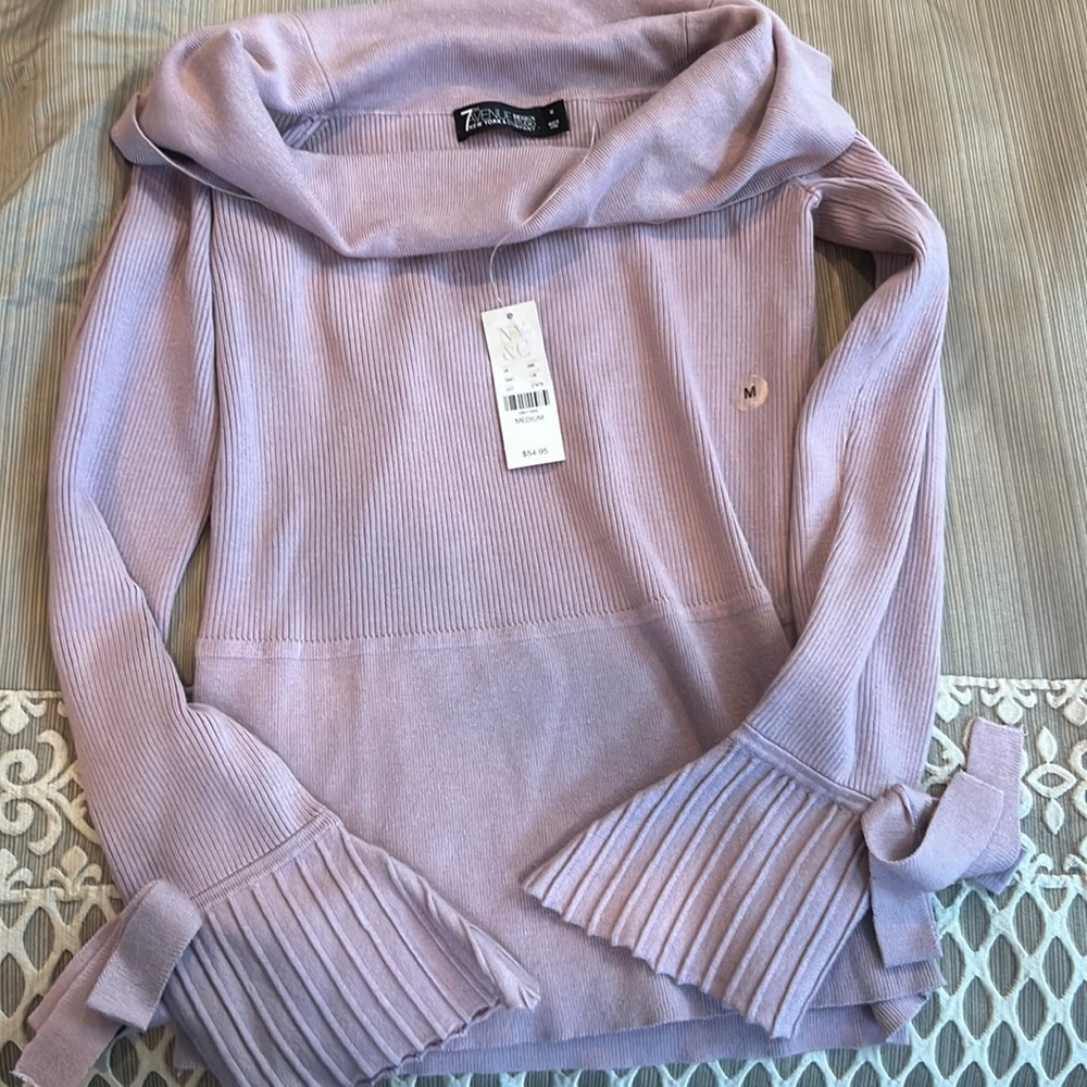 New York and Company light pink off the shoulder sweater.
